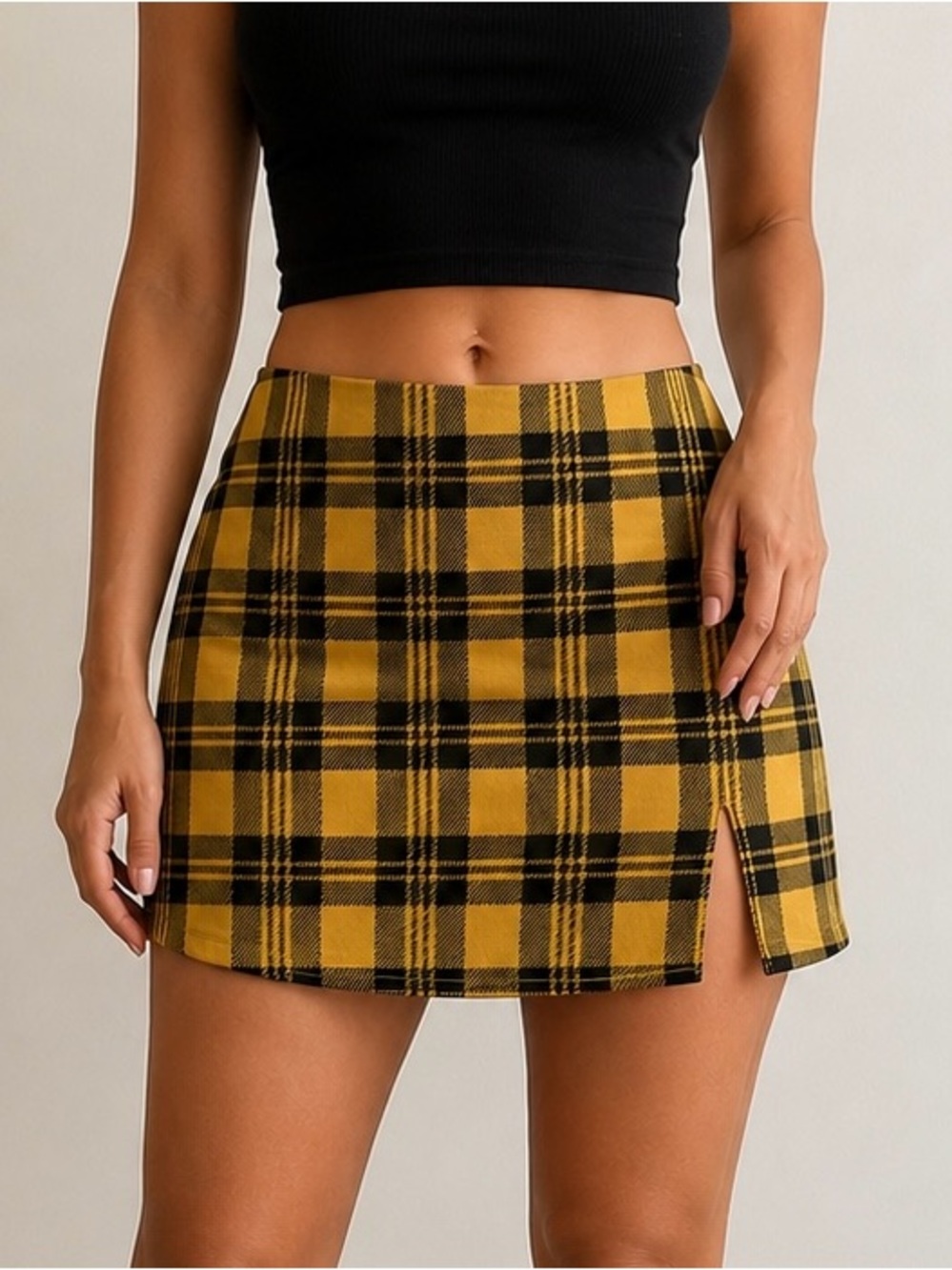 Plaid Mini Skirt with Front Slit - Yellow/Black